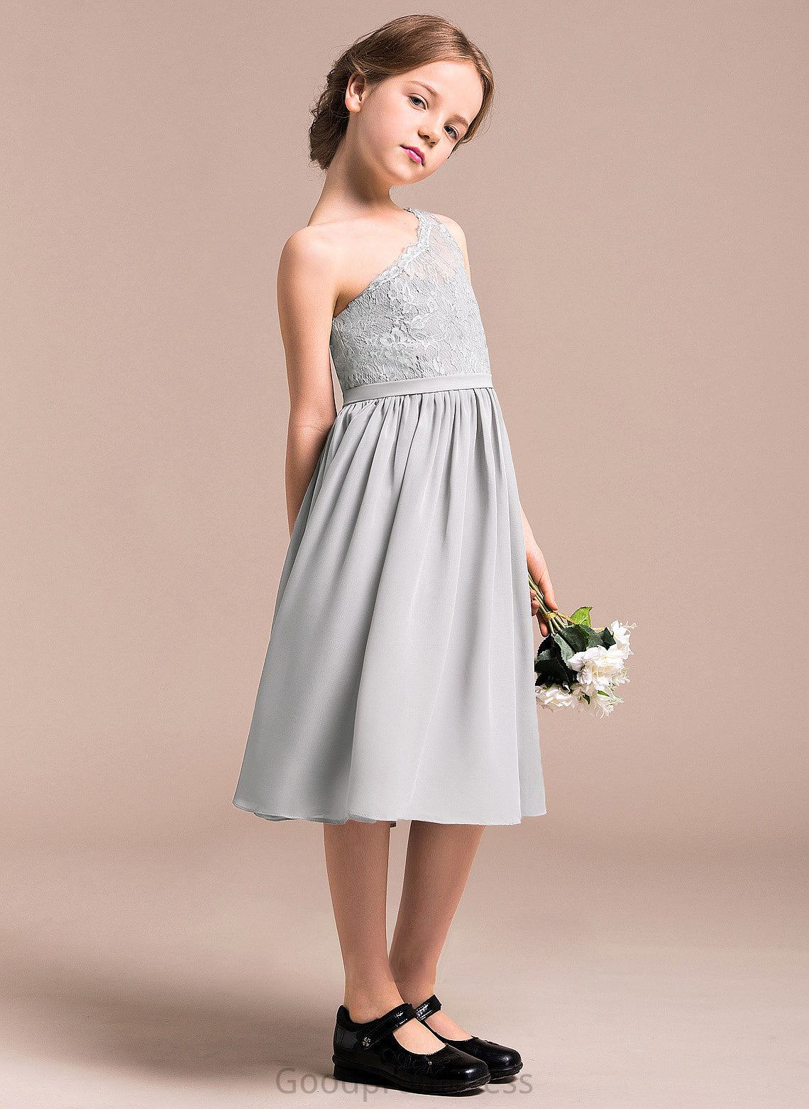 A-Line Chiffon Knee-Length Lace Junior Bridesmaid Dresses Saniyah One-Shoulder