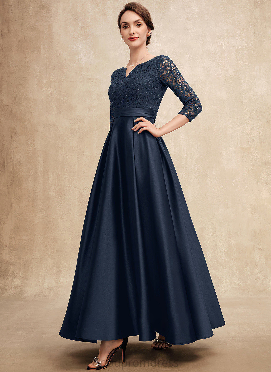 Satin Beading the Mother of the Bride Dresses Ankle-Length With Lace Dress Mother V-neck Tina of Bride A-Line