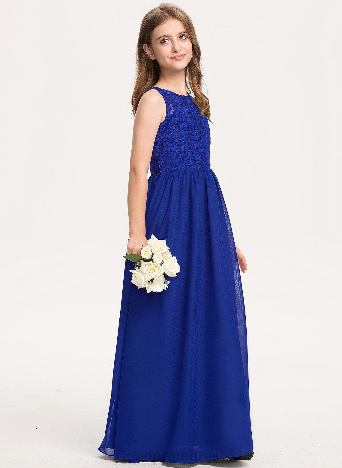 Scoop Chiffon Cindy Lace A-Line Neck Floor-Length Junior Bridesmaid Dresses