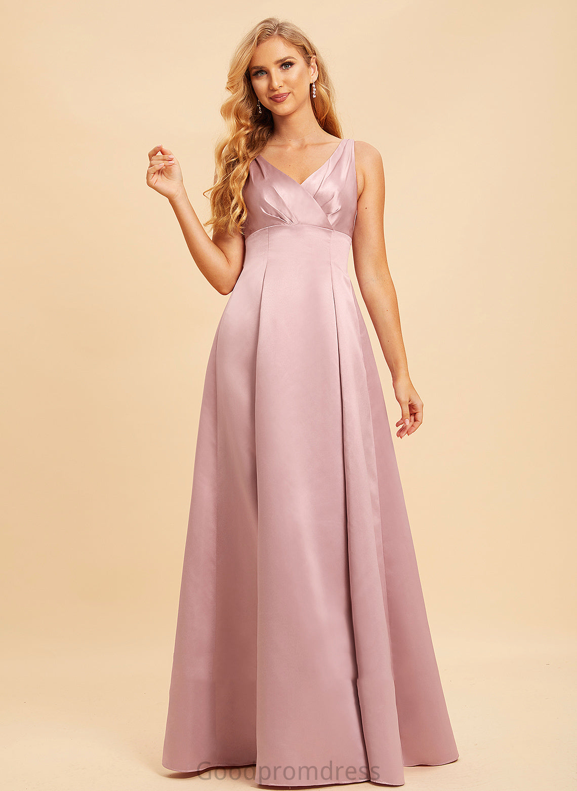 Neckline Length Fabric Satin A-Line Straps Floor-Length Silhouette V-neck Paloma Natural Waist Sleeveless Bridesmaid Dresses