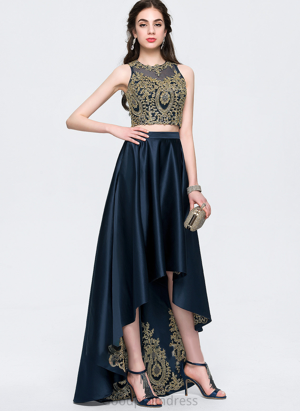 Beading Neck Stella Asymmetrical A-Line Scoop Lace Prom Dresses With Satin Sequins