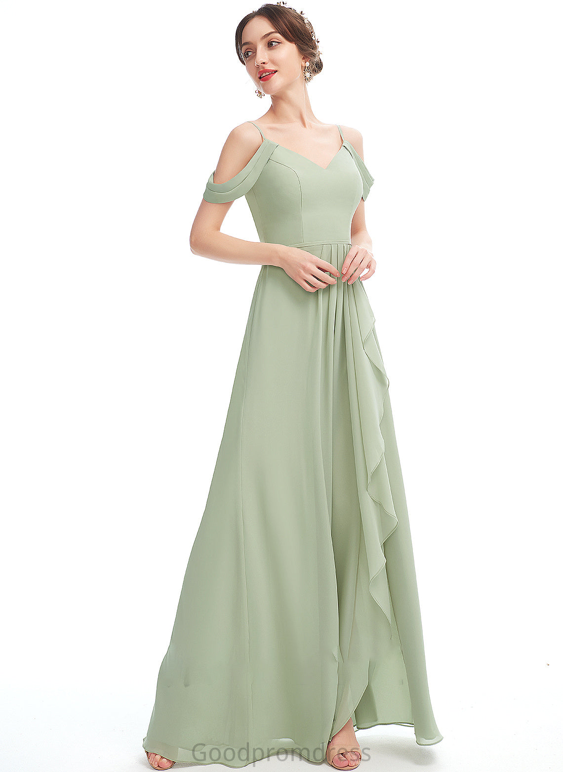 Length Silhouette Fabric V-neck Embellishment A-Line Ruffle SplitFront Neckline Floor-Length Victoria Spaghetti Staps Bridesmaid Dresses