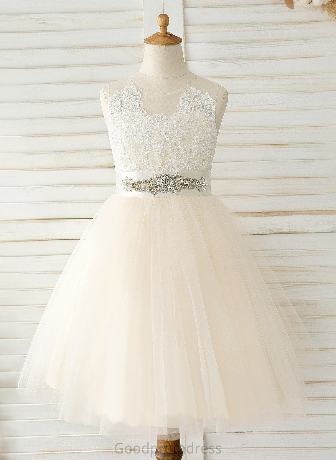 Girl Dress With - Neck Knee-length Scoop Flower Girl Dresses A-Line Sleeveless Bailey Bow(s) Flower Tulle/Lace