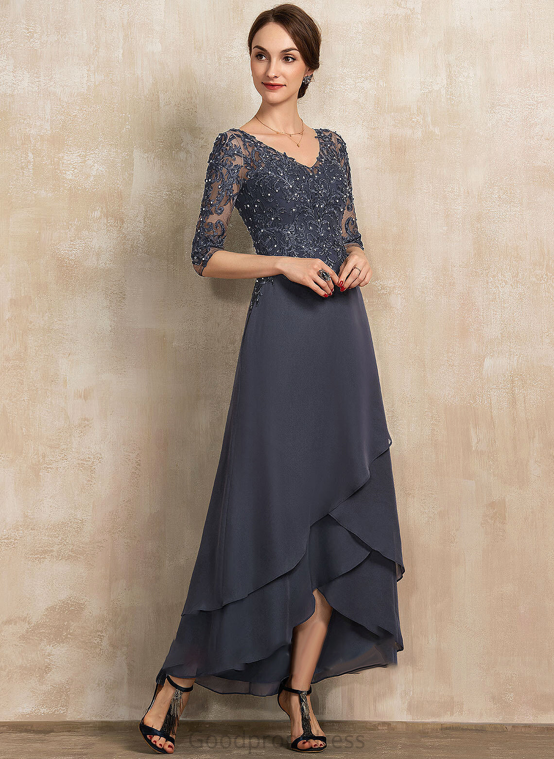 With Emma V-neck Bride of Mother Sequins Mother of the Bride Dresses A-Line Lace Dress Asymmetrical the Chiffon Beading