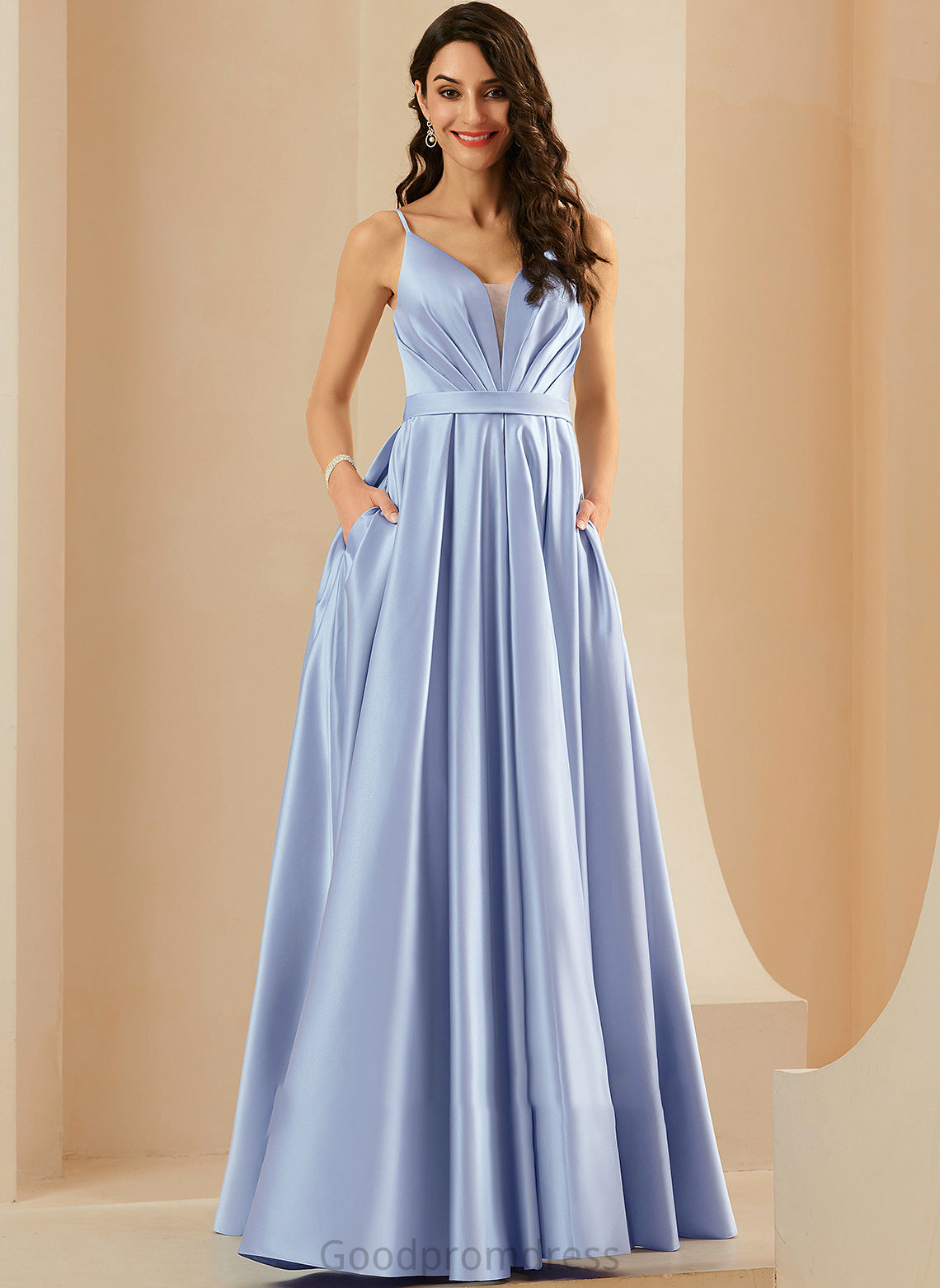 Floor-Length Prom Dresses Ball-Gown/Princess V-neck With Satin Miley Ruffle Pockets