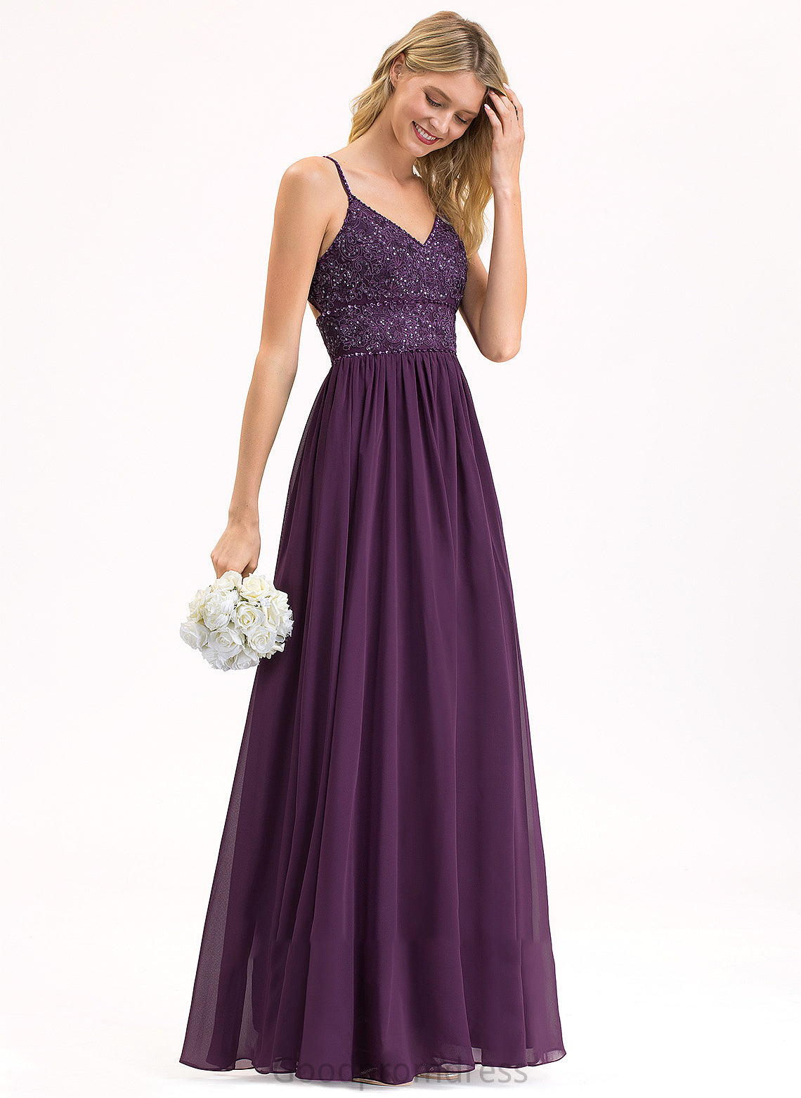 Chiffon Sequins V-neck Beading Cierra With A-Line Prom Dresses Lace Floor-Length