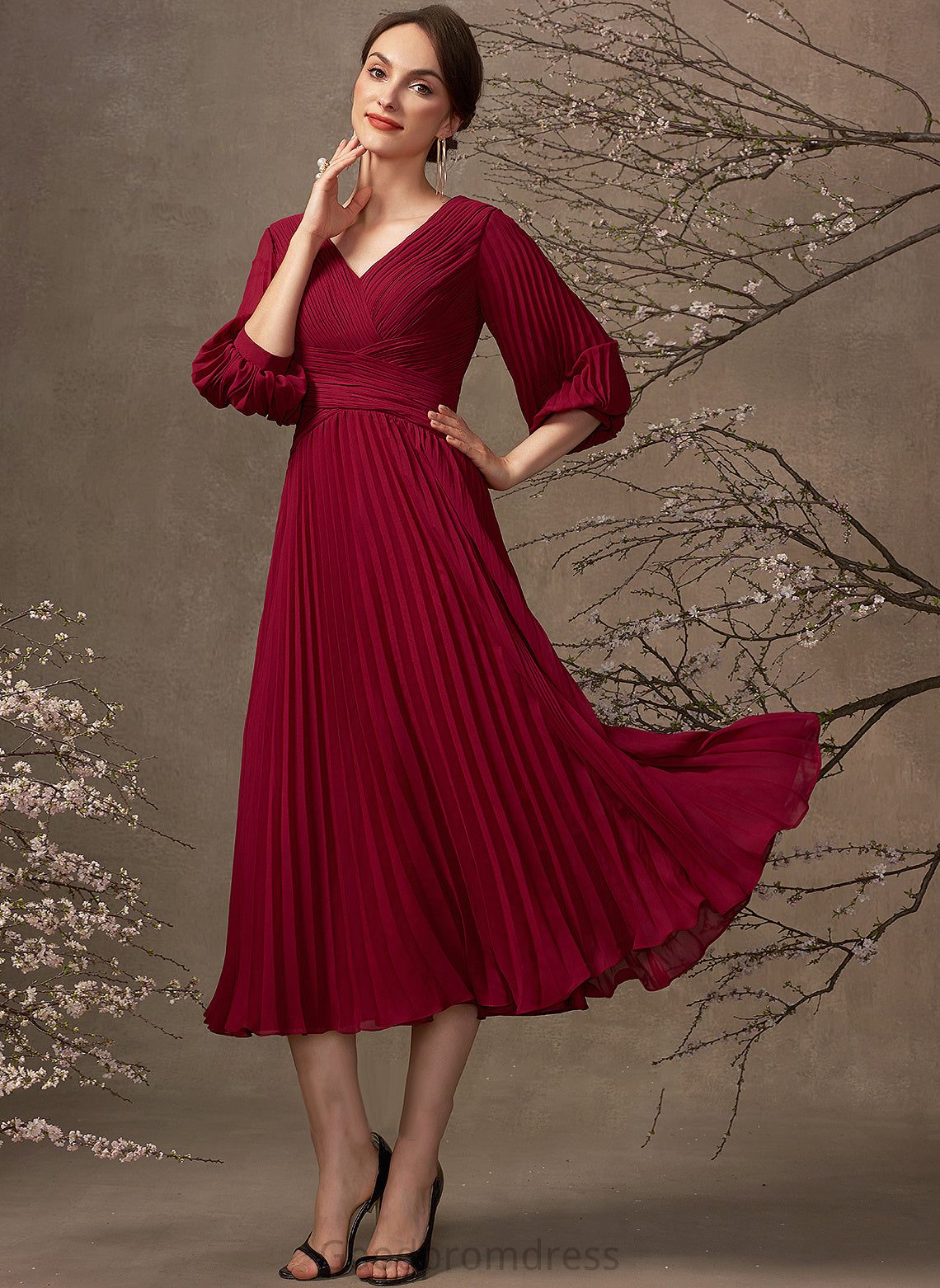 Chiffon V-neck Bride Dress Mother the A-Line of Mother of the Bride Dresses With Tea-Length Harper Pleated