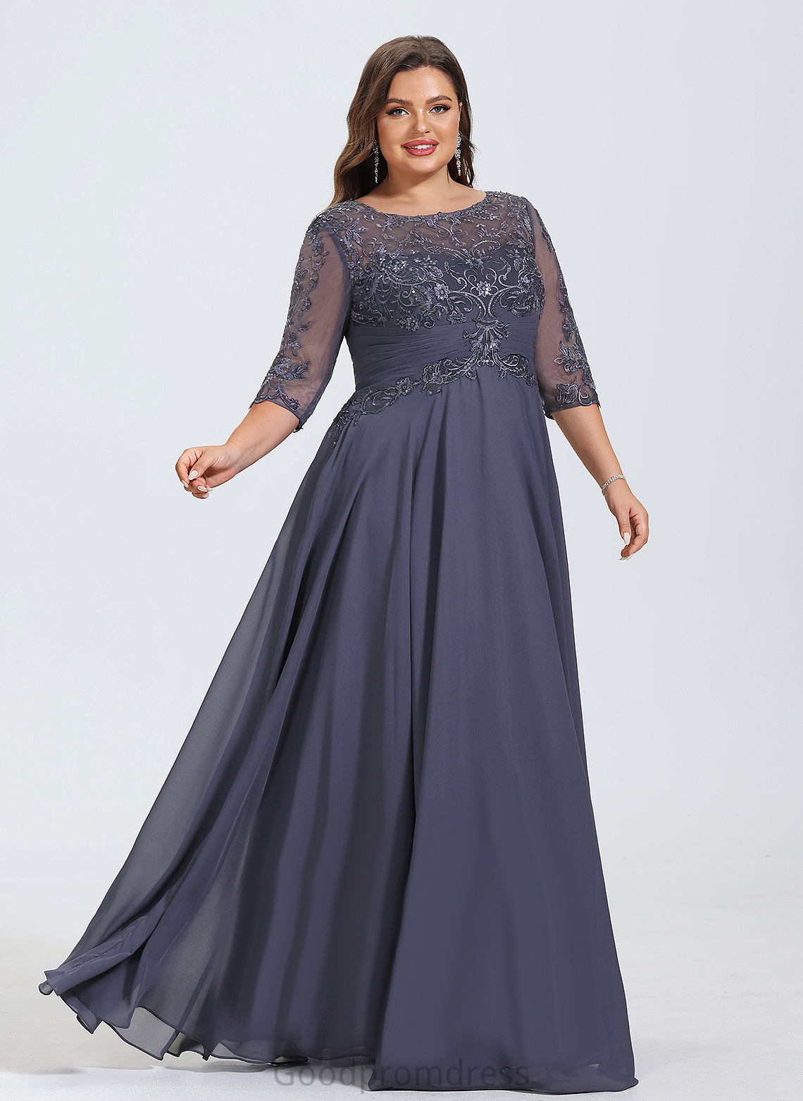 Lace A-Line Yvonne Prom Dresses With Sequins Pleated Floor-Length Scoop Illusion Chiffon