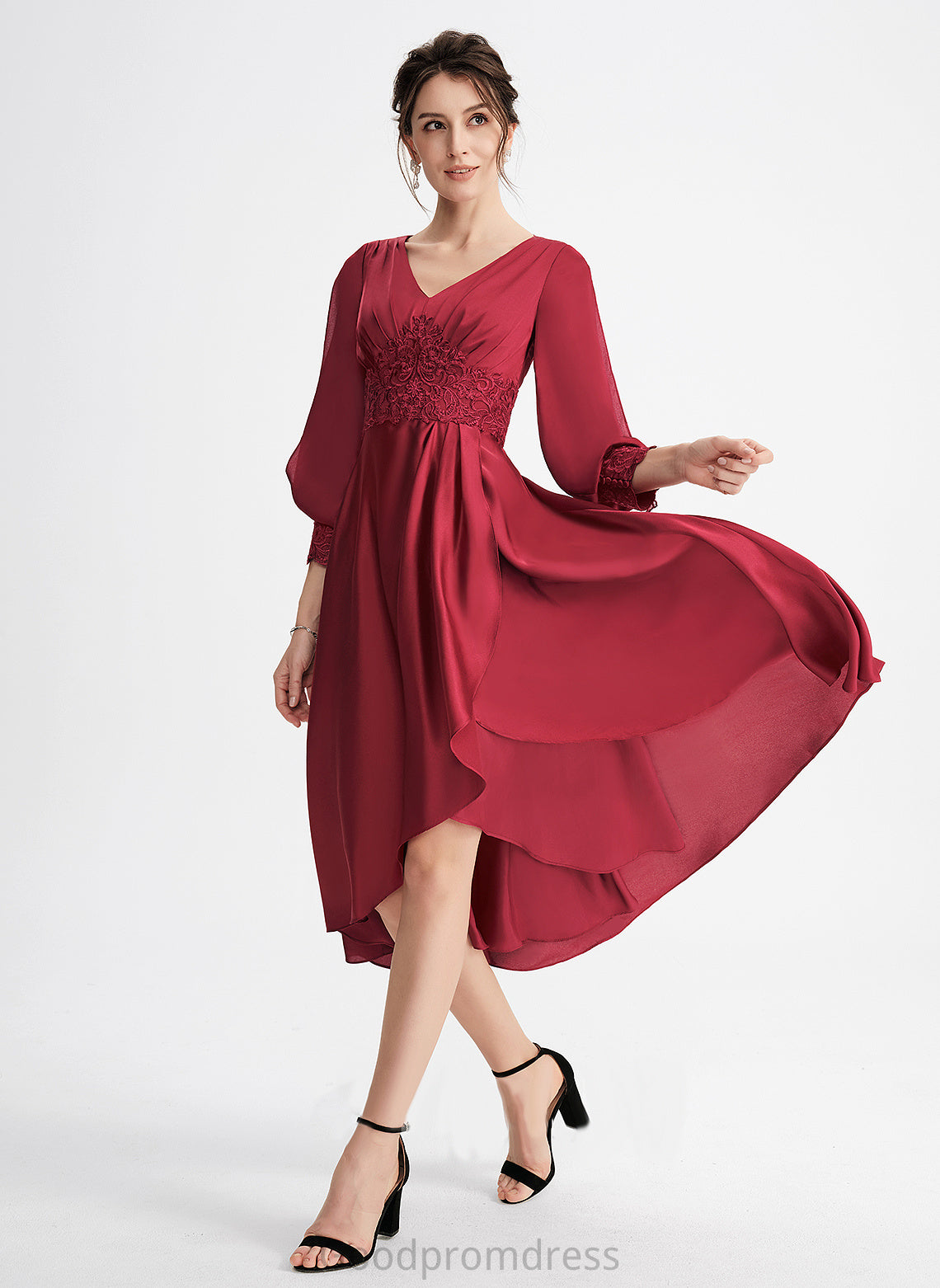 Cocktail Dresses A-Line Asymmetrical Cocktail Shayla Lace V-neck Dress Satin With