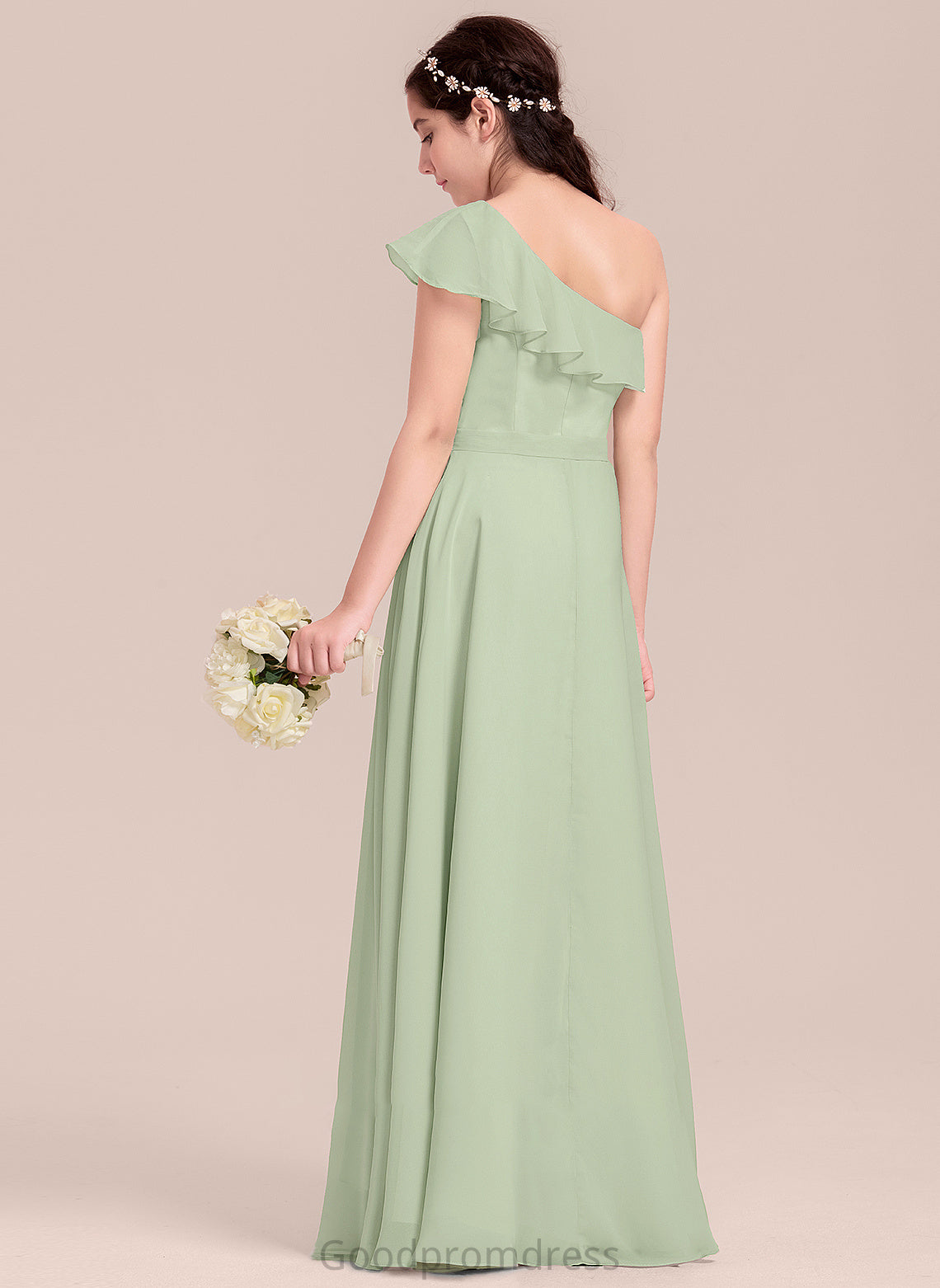 Junior Bridesmaid Dresses Chiffon Cascading One-Shoulder A-Line Floor-Length Camila With Ruffles