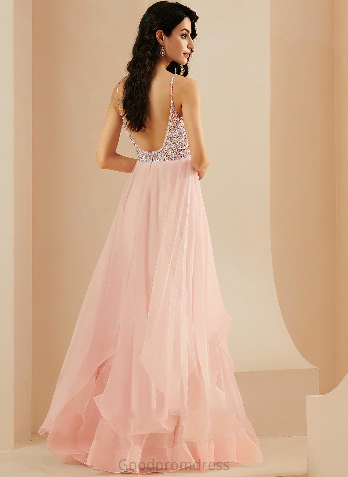 A-Line With Floor-Length V-neck Beading Sequins Selina Tulle Prom Dresses