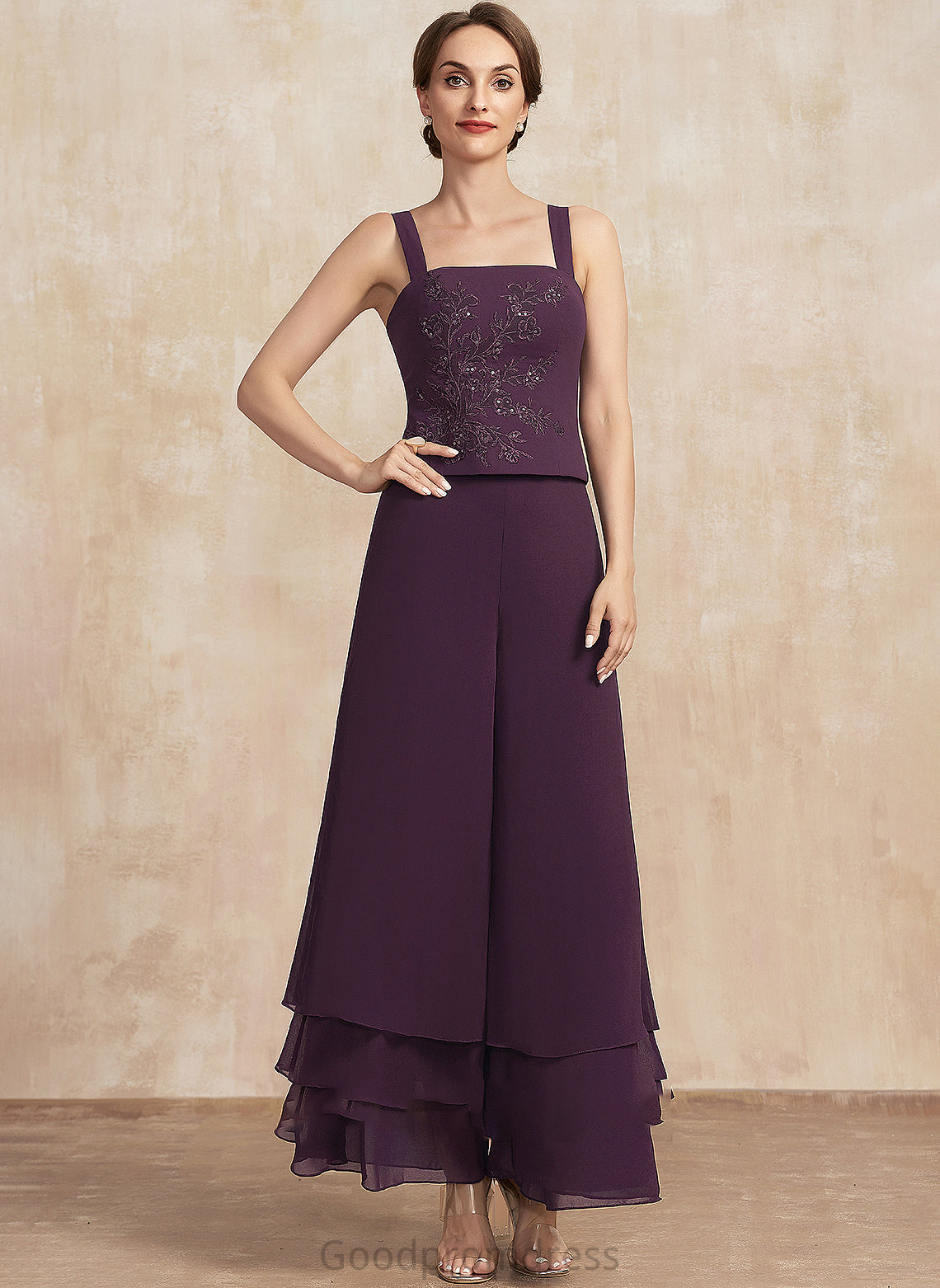 of Jumpsuit/Pantsuit Neckline the Mother of the Bride Dresses Annalise Ankle-Length Sequins Bride Square With Mother Chiffon Dress Lace