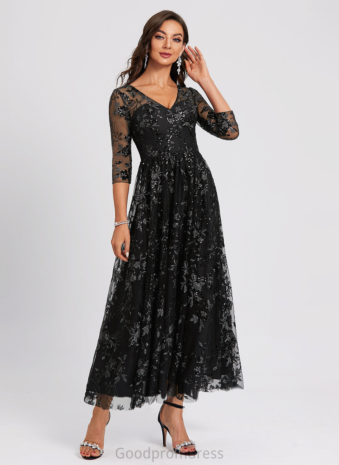 Lace Cocktail A-Line Sequined Ankle-Length Undine V-neck Cocktail Dresses Dress