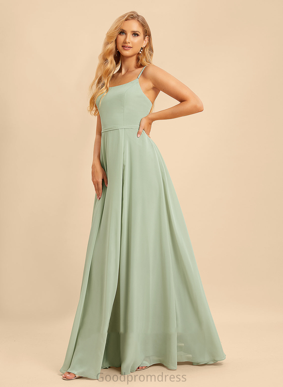 Floor-Length Neckline Fabric SplitFront Silhouette Length Embellishment SquareNeckline A-Line Skylar Natural Waist Floor Length Bridesmaid Dresses