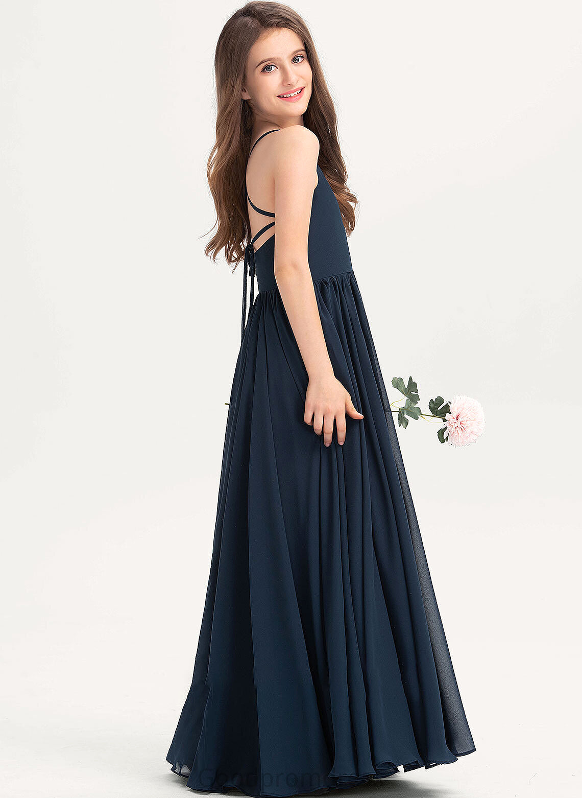 Junior Bridesmaid Dresses Floor-Length A-Line With Chiffon Square Micaela Bow(s) Neckline