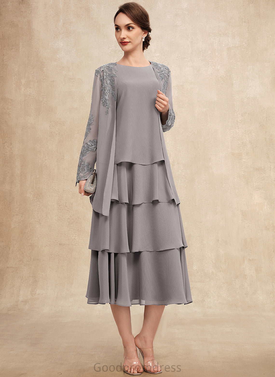 Bride Dress With the Karley Cascading Mother of the Bride Dresses Mother Tea-Length Ruffles A-Line Scoop Neck Chiffon of