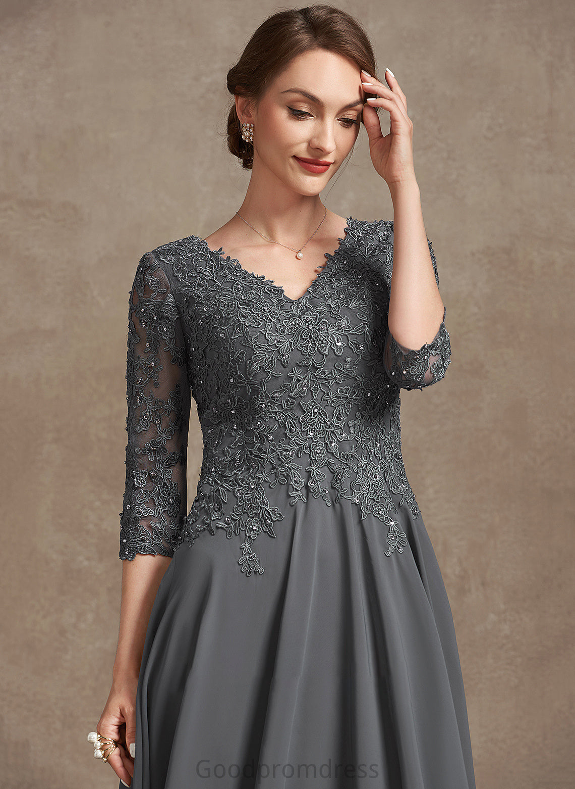 A-Line Tea-Length Lace Dress Chiffon V-neck Beading the Mother of the Bride Dresses of Sequins Bride Ellen Mother With