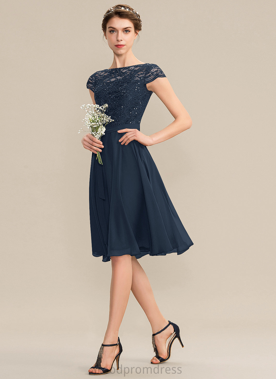 ScoopNeck Length Fabric Neckline Silhouette Bow(s) Knee-Length Sequins A-Line Embellishment Ashlee A-Line/Princess Bridesmaid Dresses