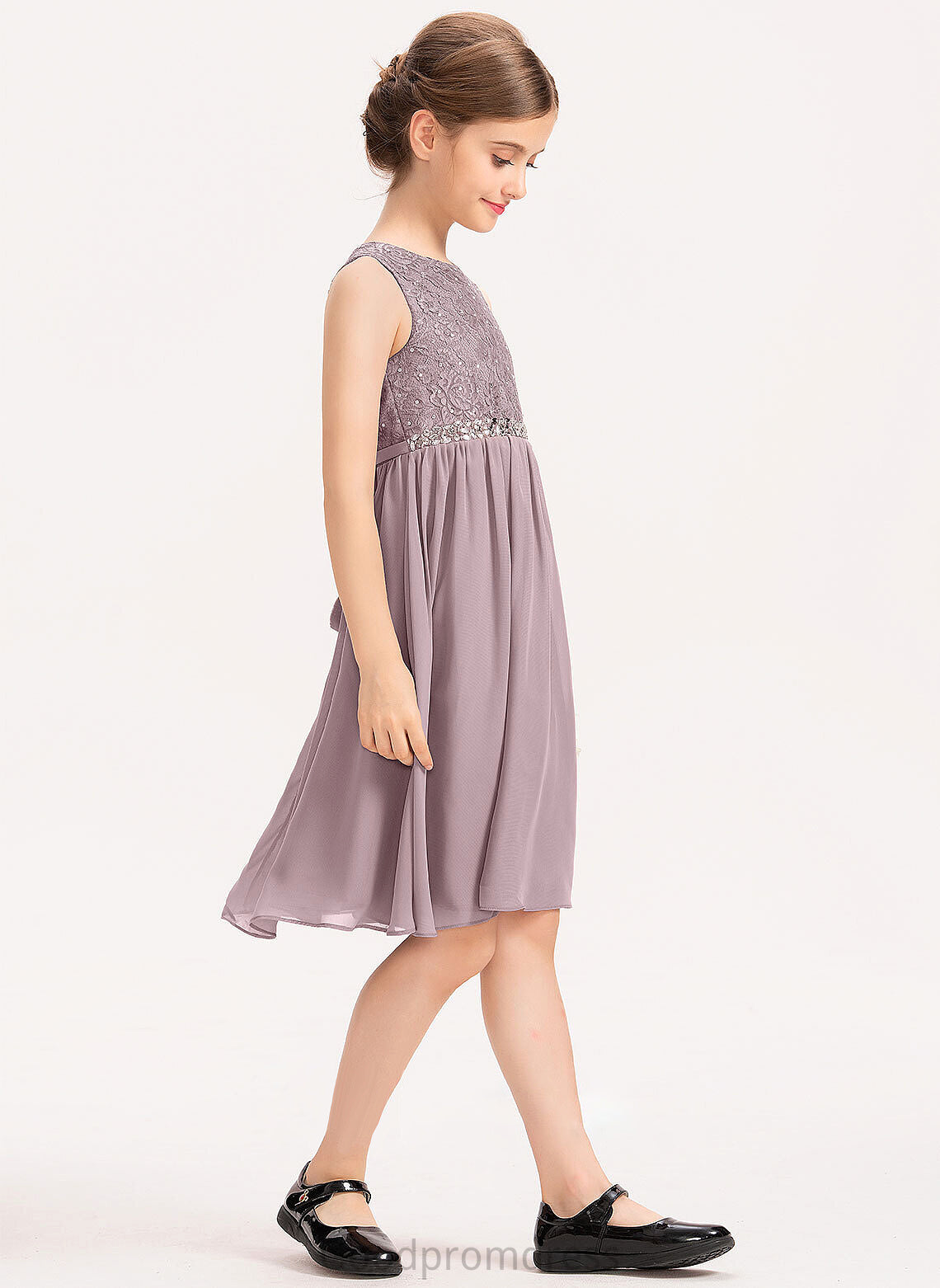 Bow(s) Nayeli Beading A-Line With Chiffon Neck Scoop Knee-Length Junior Bridesmaid Dresses Lace