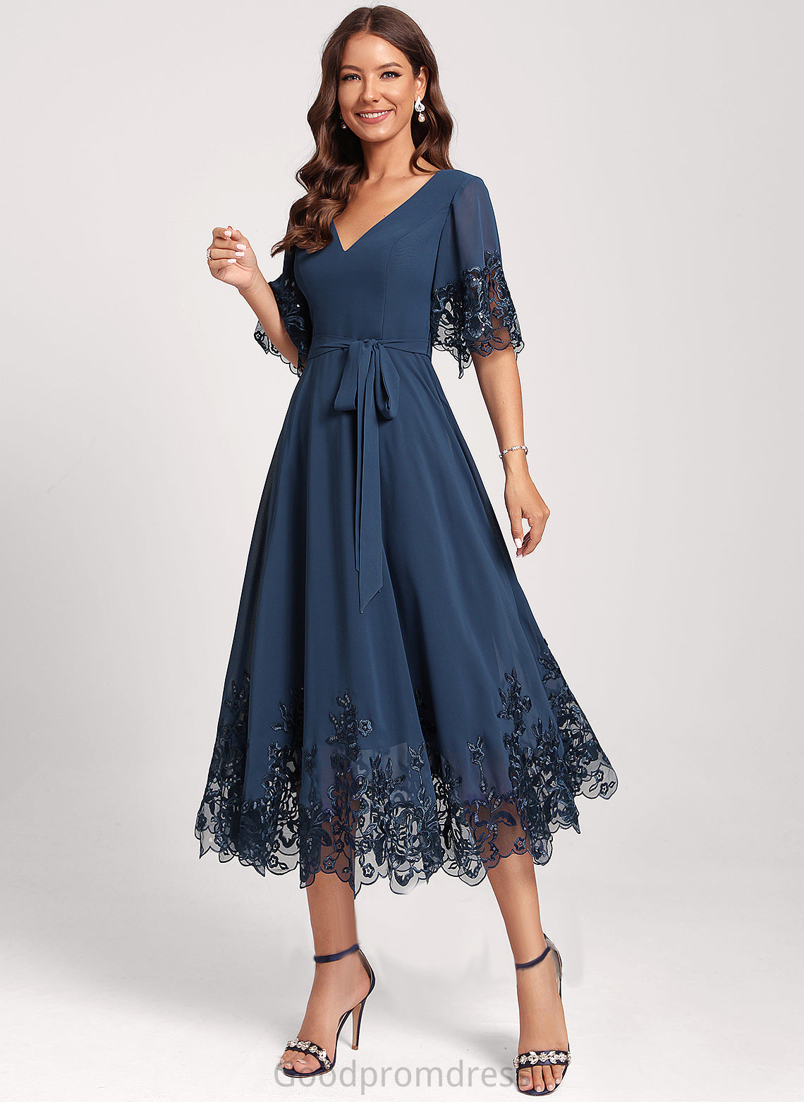 Dress A-Line Chiffon With Cocktail Sequins Tea-Length Lace Club Dresses V-neck Greta