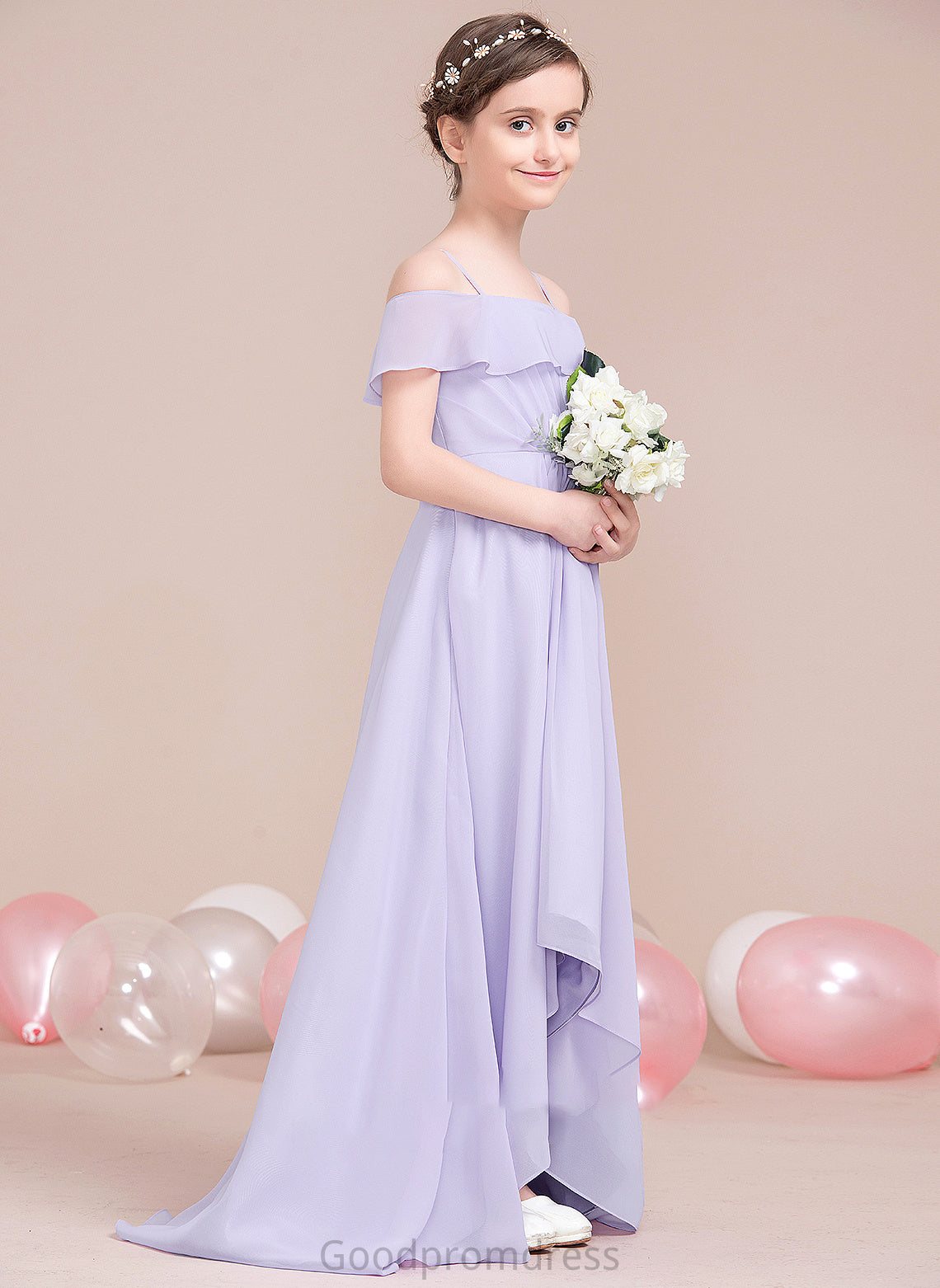 Ruffles Asymmetrical Karlee Junior Bridesmaid Dresses Off-the-Shoulder With A-Line Chiffon Cascading