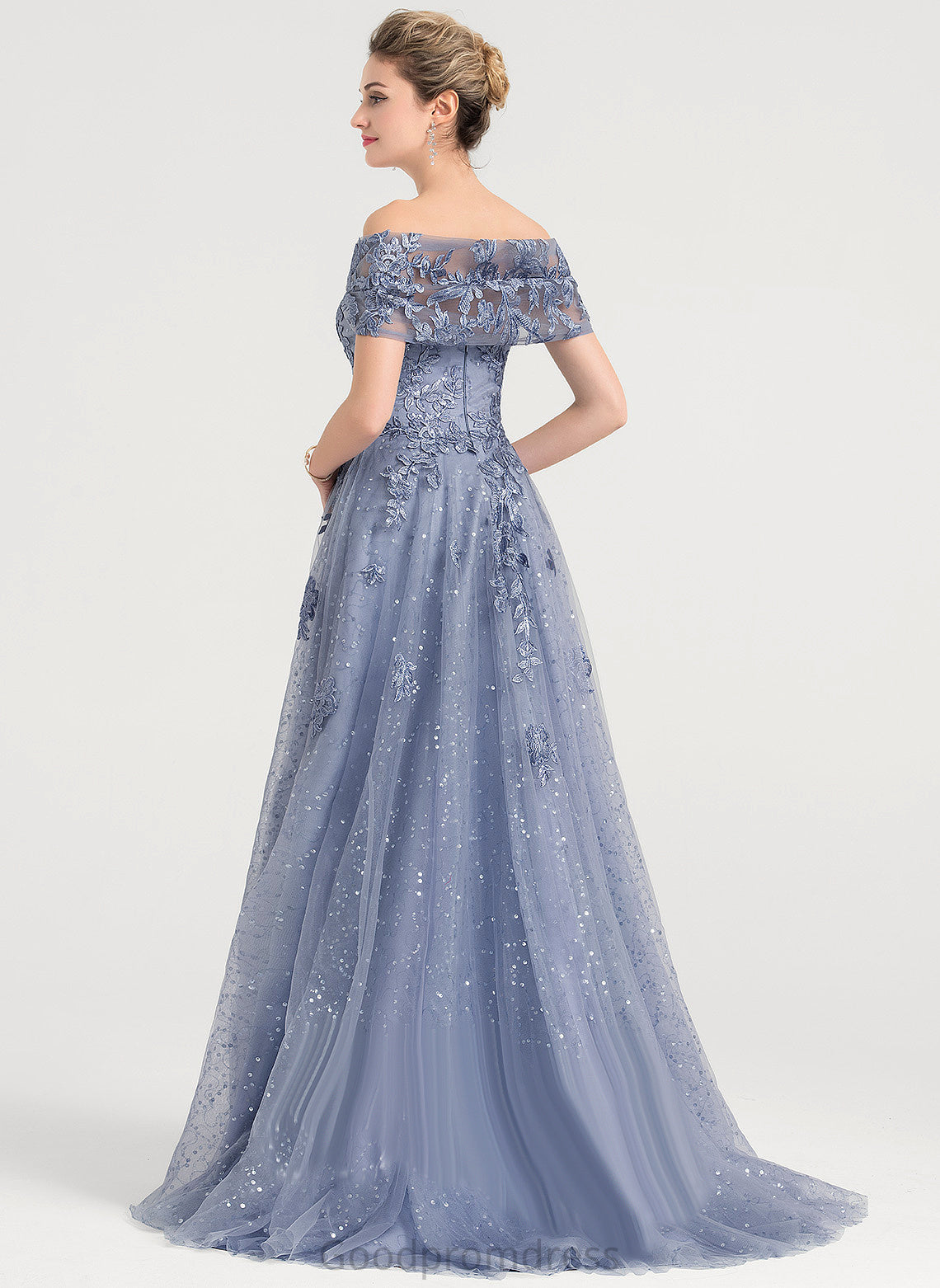 Sequins Prom Dresses Train With Ball-Gown/Princess Off-the-Shoulder Sweep Tulle Lisa Lace