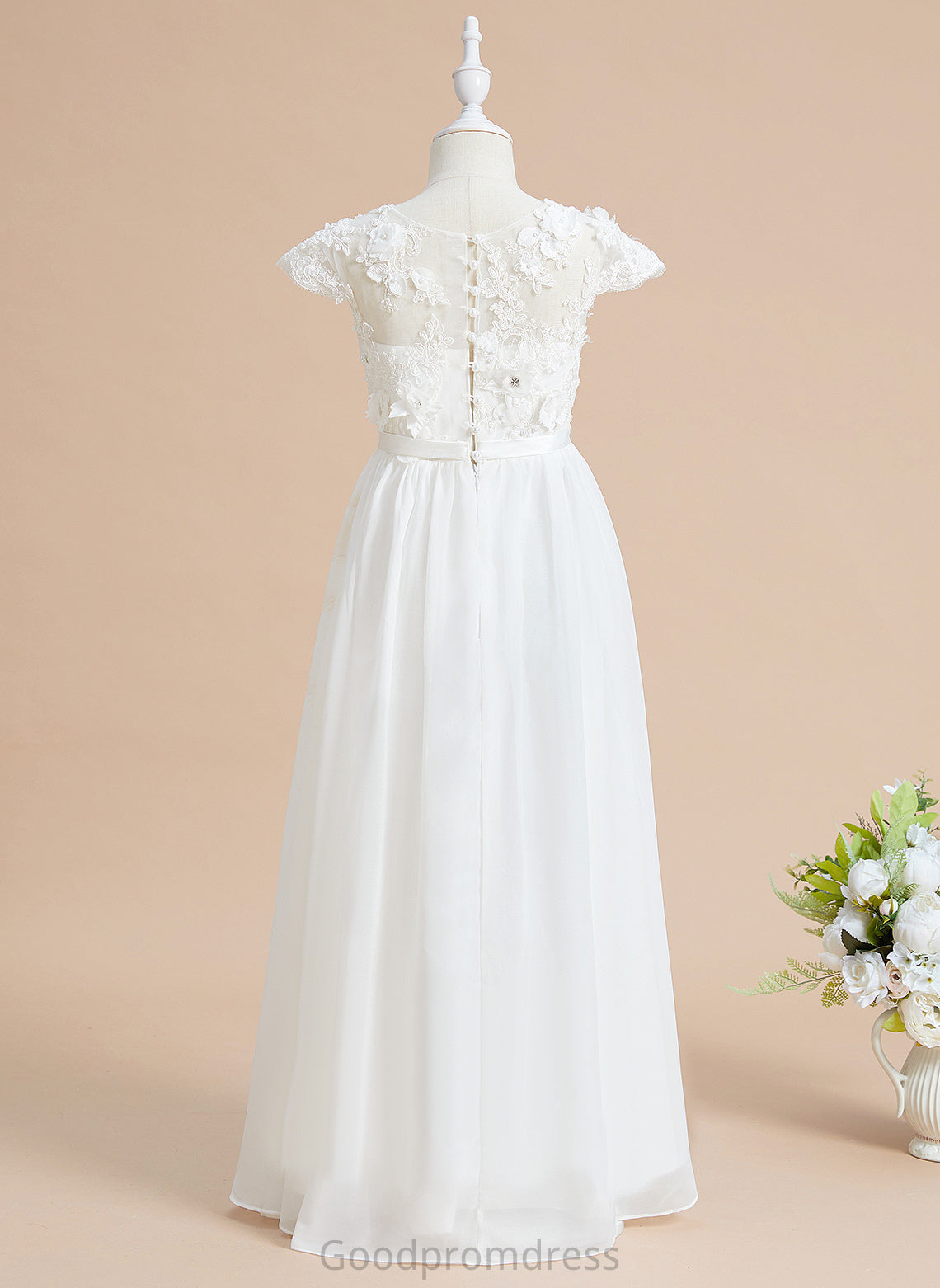 Flower(s) A-Line Rosalie Scoop Girl Floor-length Sleeves Neck Chiffon/Lace Flower Girl Dresses Flower Short - Dress With