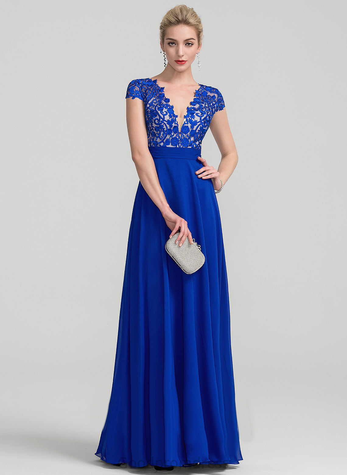 With Chiffon Prom Dresses Lace A-Line Ruffle Floor-Length Hilda V-neck