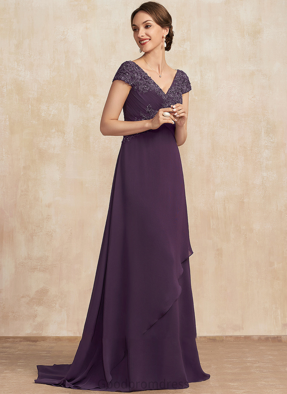 With Sweep Bride Mother of the Bride Dresses Ruffle of Dress V-neck Mother the Train Elle Lace A-Line Beading Chiffon