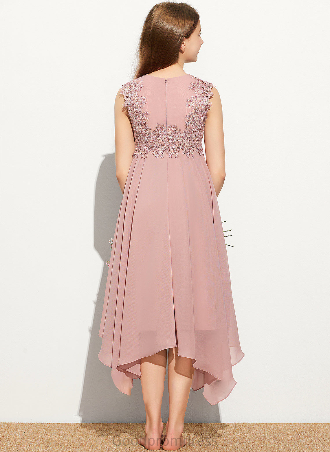 A-Line Chiffon Junior Bridesmaid Dresses Mollie Lace Tea-Length Scoop Neck