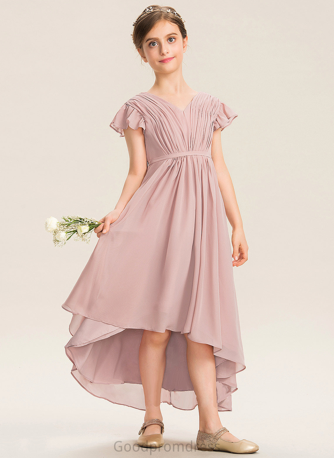 Chiffon V-neck Cascading Asymmetrical A-Line Bow(s) Junior Bridesmaid Dresses Ruffles Kendra With