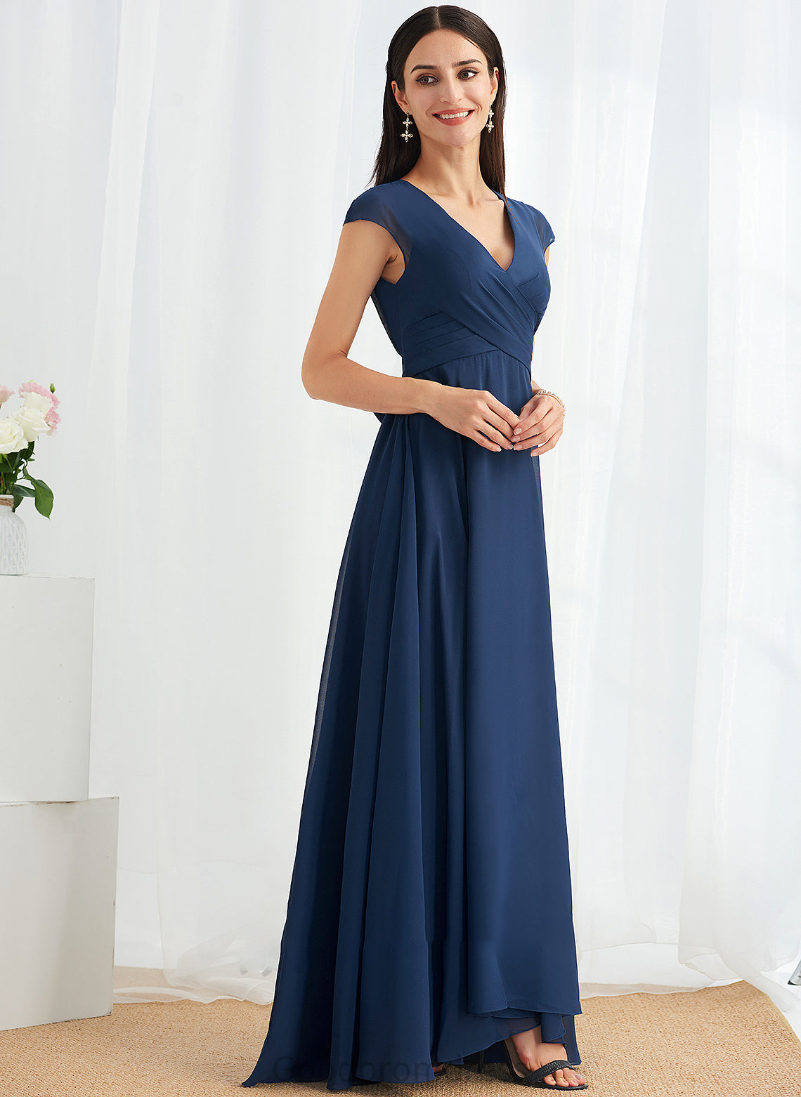 Silhouette A-Line Fabric Neckline Floor-Length Ruffle Length Embellishment V-neck Rayna A-Line/Princess Floor Length Bridesmaid Dresses