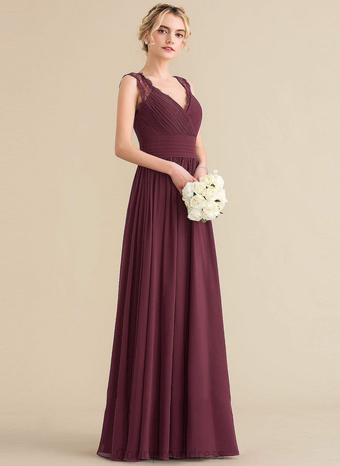 Fabric Floor-Length A-Line Silhouette Ruffle Length Bow(s) Embellishment V-neck Neckline Bianca Floor Length Bridesmaid Dresses