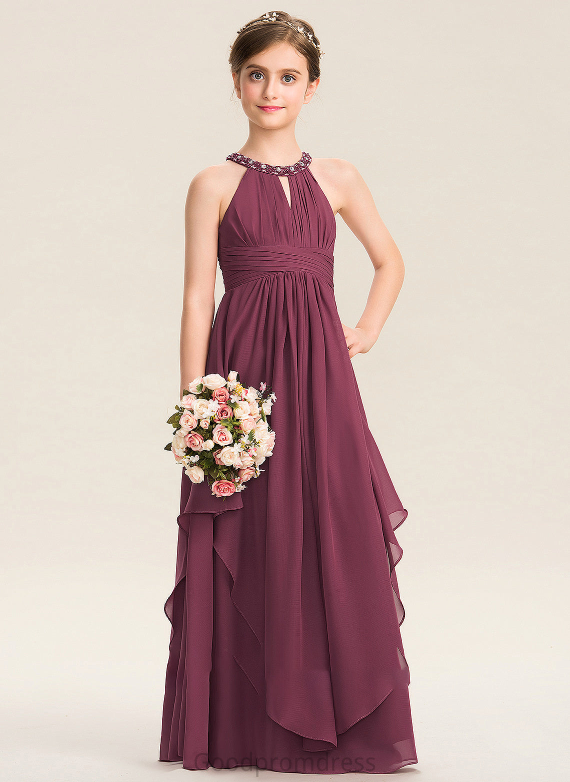 A-Line Ruffle Junior Bridesmaid Dresses With Floor-Length Beading Joselyn Neck Chiffon Scoop