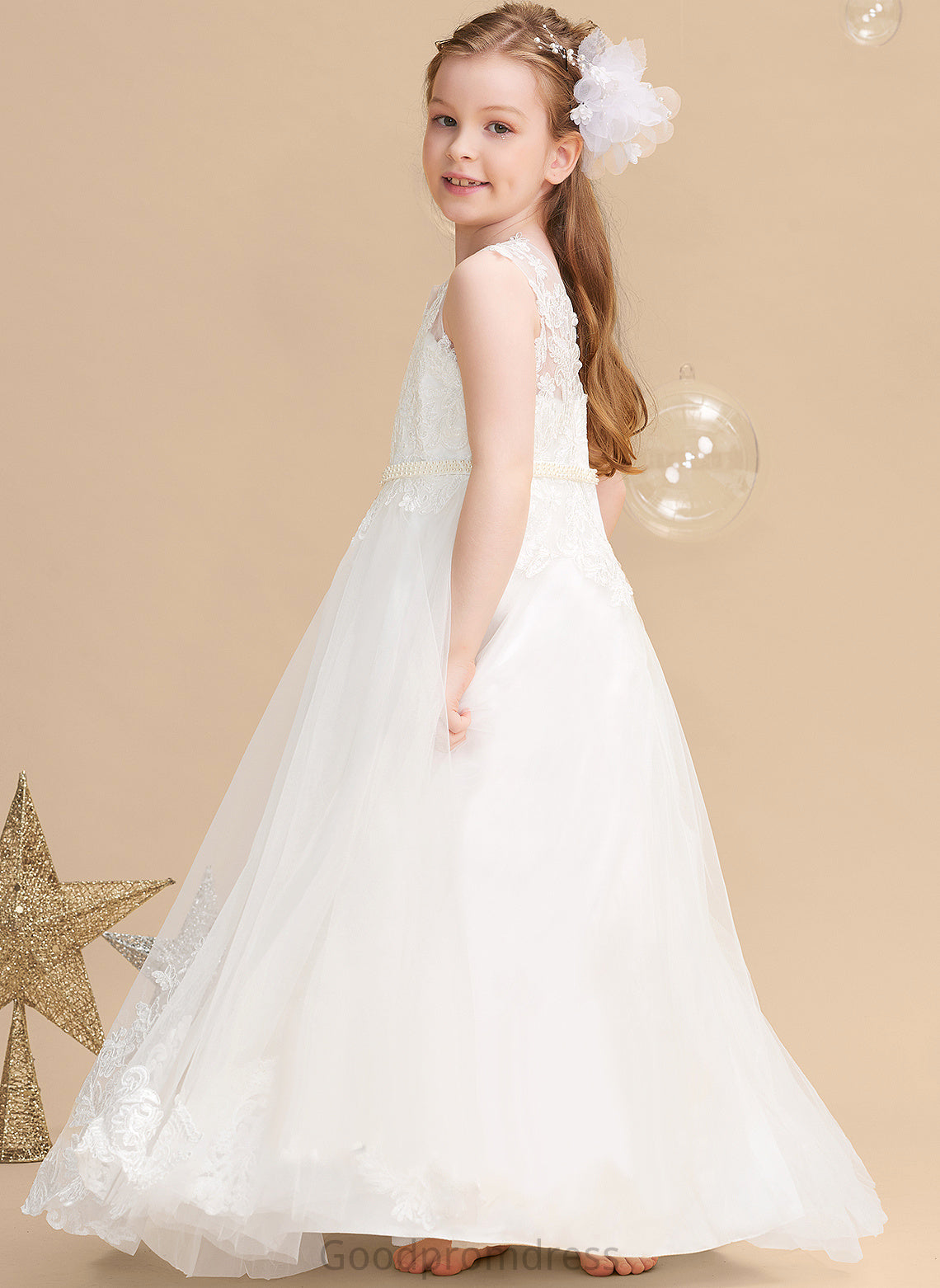 Ball-Gown/Princess Girl Scoop Angelina Neck Beading Dress - Floor-length Flower Girl Dresses Flower Sleeveless With Tulle/Lace