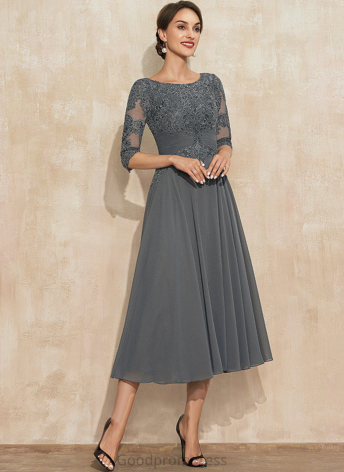 Tea-Length of Scoop Lace Dress Chiffon With Tina A-Line Mother Neck Bride Sequins the Mother of the Bride Dresses