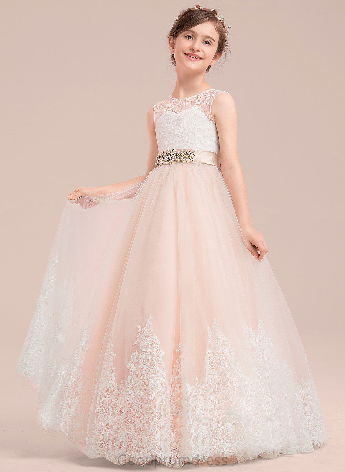 Satin/Tulle/Lace Sleeveless Flower Girl Dresses Floor-length Neck Ball-Gown/Princess - With Flower Beading Dress Girl Marley Scoop