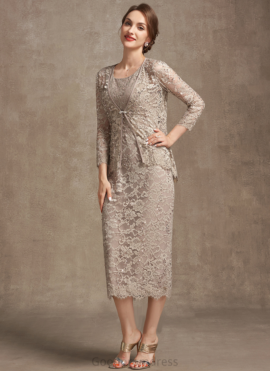 Tea-Length Mother the Dress of With Bride Lace Mother of the Bride Dresses Sequins Sloane Scoop Sheath/Column Neck