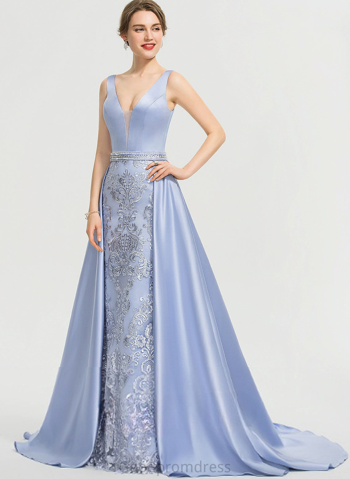 Kenna Lace Beading Satin Prom Dresses Train Sequins With Sweep V-neck Sheath/Column