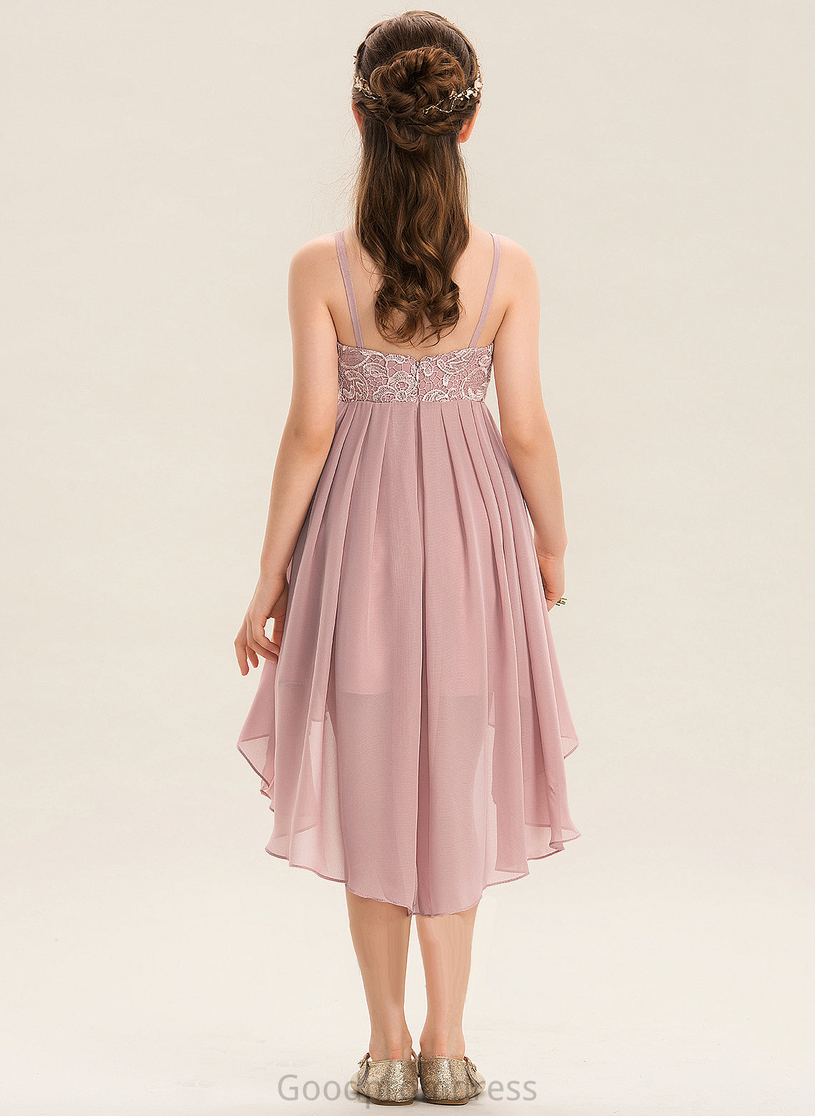 Asymmetrical Junior Bridesmaid Dresses Liz A-Line Chiffon Square Neckline Lace