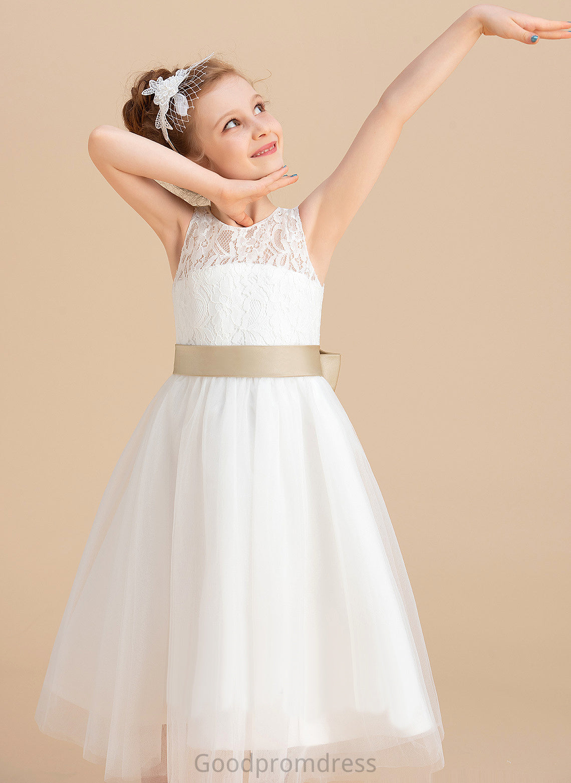 A-Line/Princess Tulle/Lace Scoop Neck Sleeveless Dress Flower Girl Dresses Flower Tea-length Hole Sash/Bow(s)/Back Girl Jenny - With