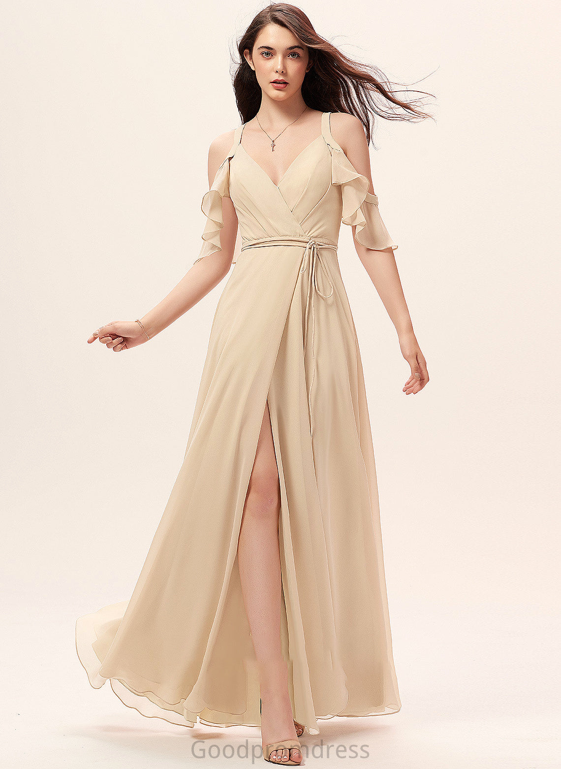 Floor-Length SplitFront V-neck Ruffle Length Fabric A-Line Silhouette Neckline Embellishment Reese Natural Waist Bridesmaid Dresses