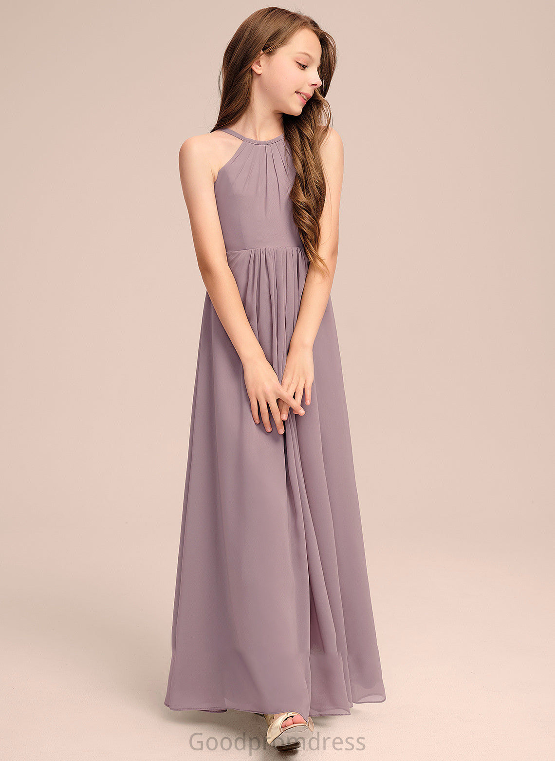 With A-Line Cascading Scoop Lena Floor-Length Junior Bridesmaid Dresses Ruffles Chiffon Neck