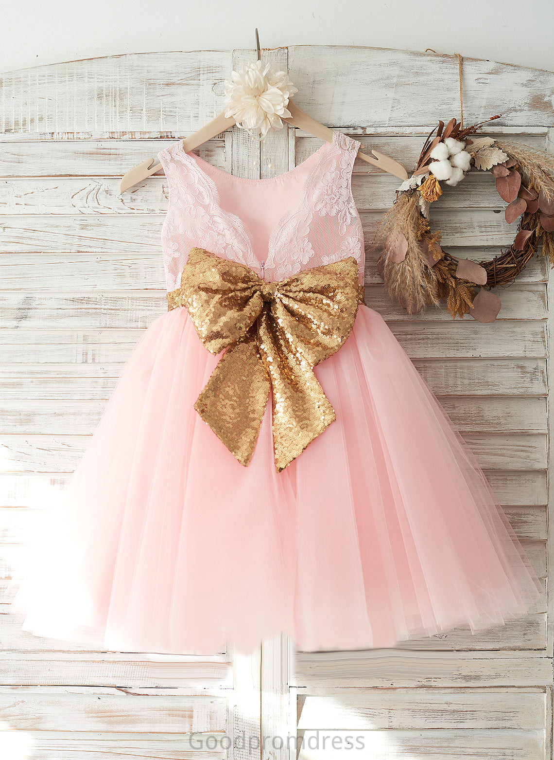 Flower Knee-length Adelyn A-Line - Neck With Girl Scoop Back Flower Girl Dresses Bow(s)/V Dress Tulle/Lace/Sequined Sleeveless