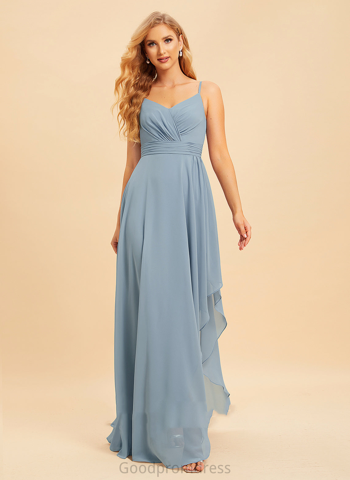 A-Line Asymmetrical Ruffle V-neck Length Neckline Silhouette Fabric Embellishment Nola Natural Waist Floor Length Bridesmaid Dresses