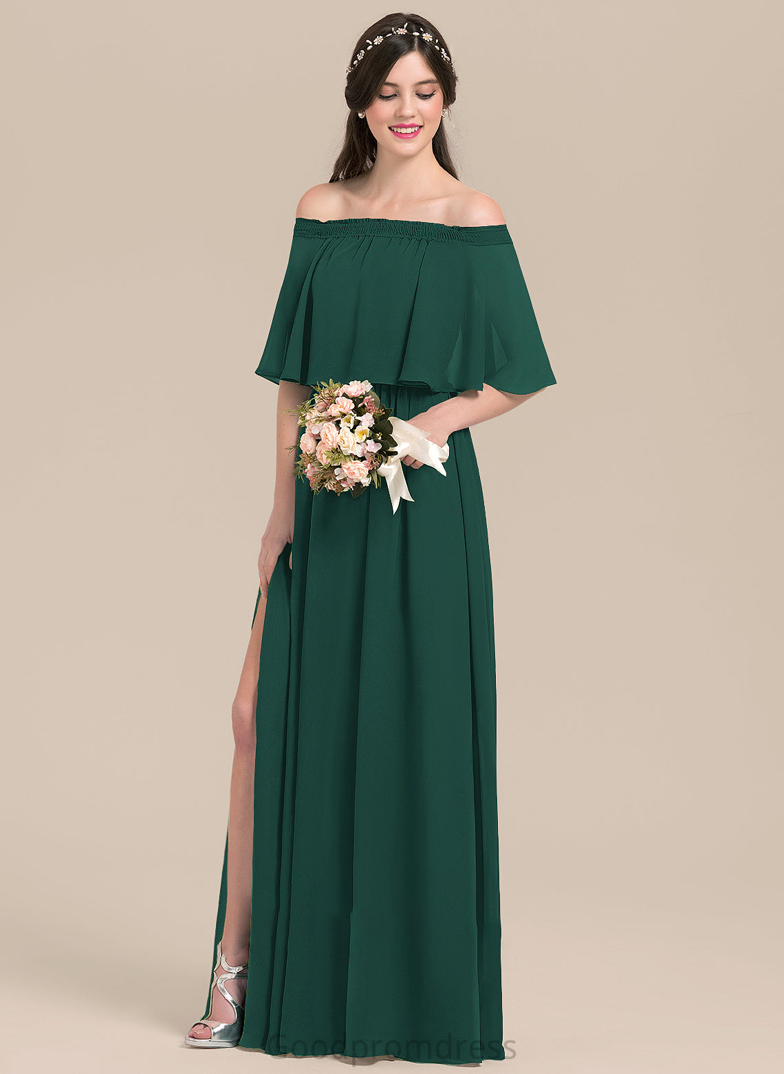 A-Line Neckline SplitFront Length Off-the-Shoulder Embellishment Fabric Silhouette Floor-Length Emelia A-Line/Princess Floor Length Bridesmaid Dresses