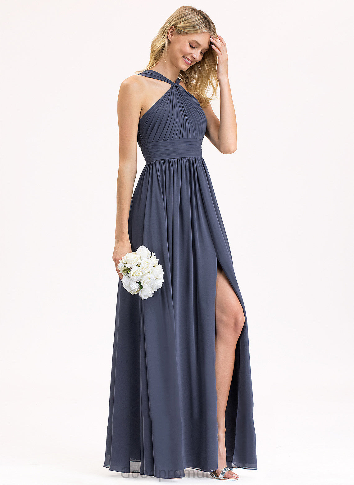 Neckline Fabric Length SplitFront Embellishment Silhouette V-neck Ruffle A-Line Floor-Length Meredith Floor Length Bridesmaid Dresses