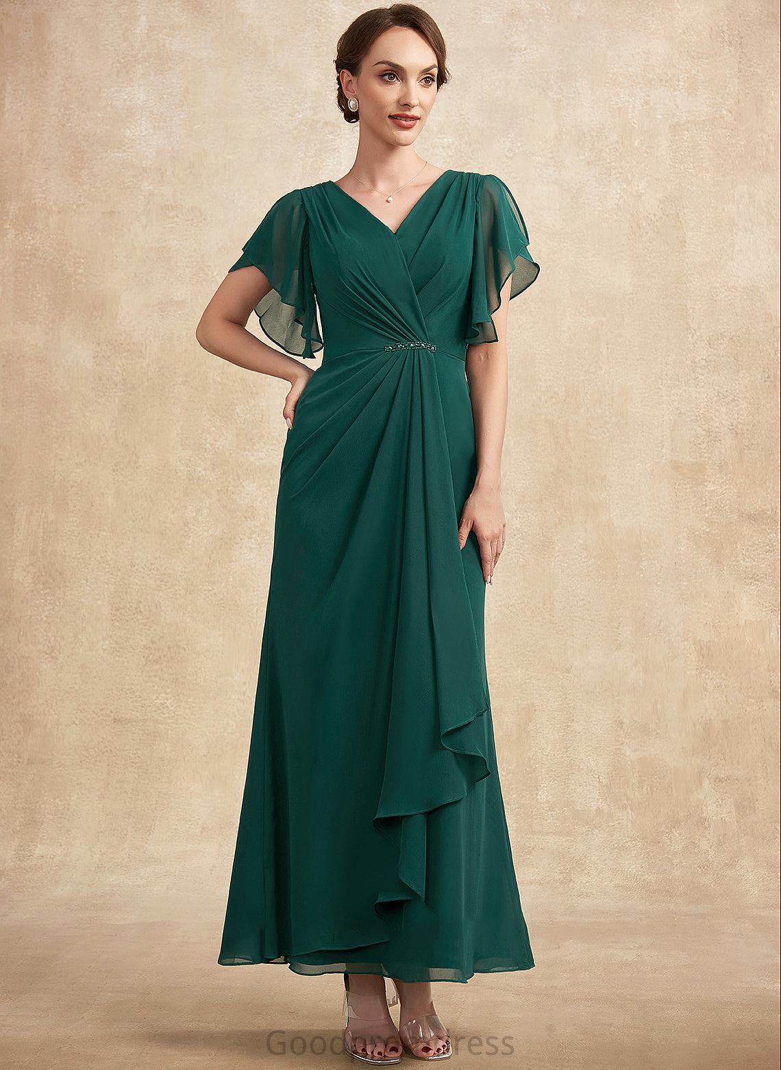 Beading Bride Dress Sequins Mother of the Bride Dresses V-neck Dixie Ruffle the With Mother A-Line of Ankle-Length Chiffon