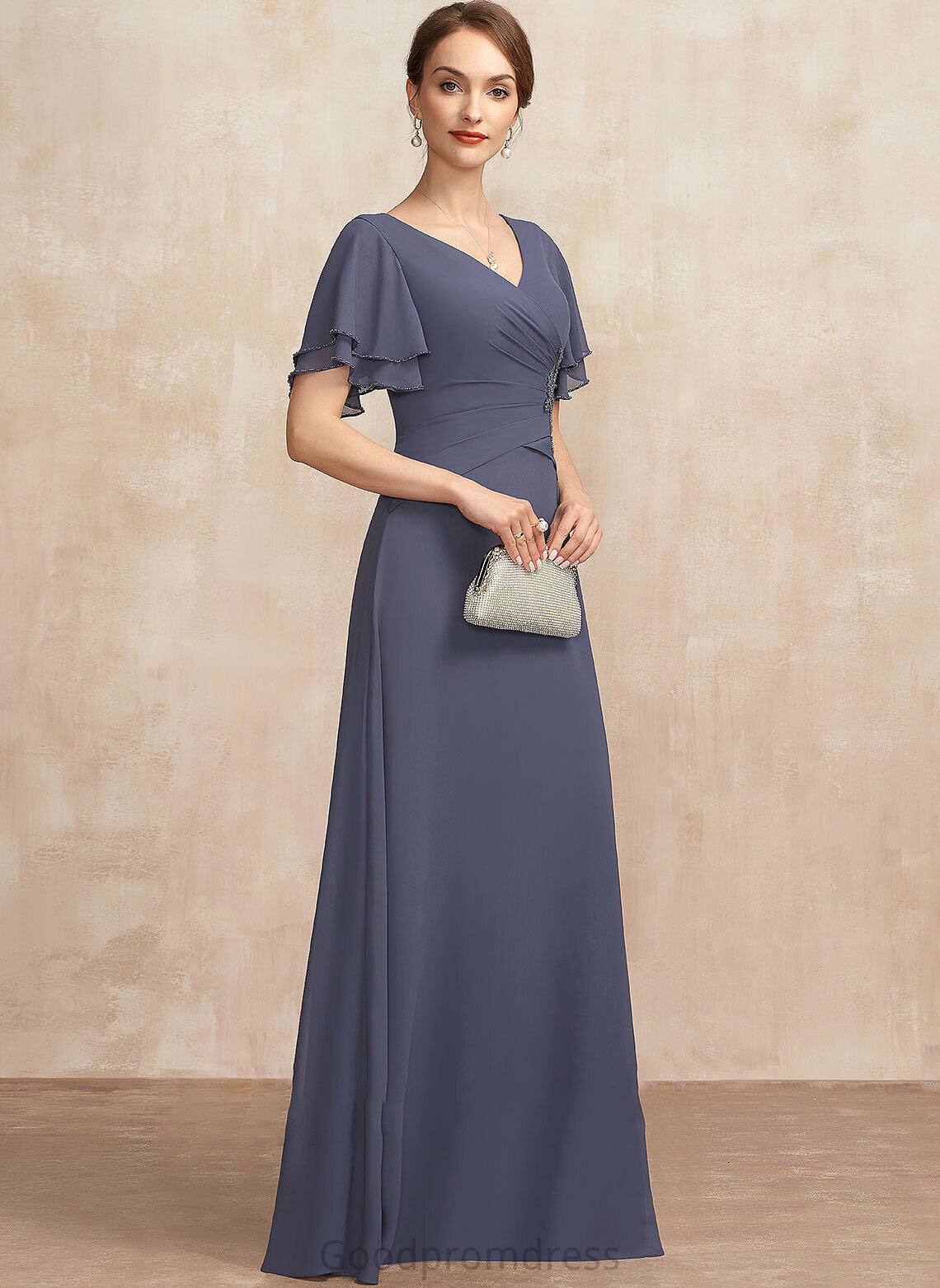 A-Line Dress Mother the Mother of the Bride Dresses With Beading of Bride Cailyn V-neck Chiffon Floor-Length Ruffle