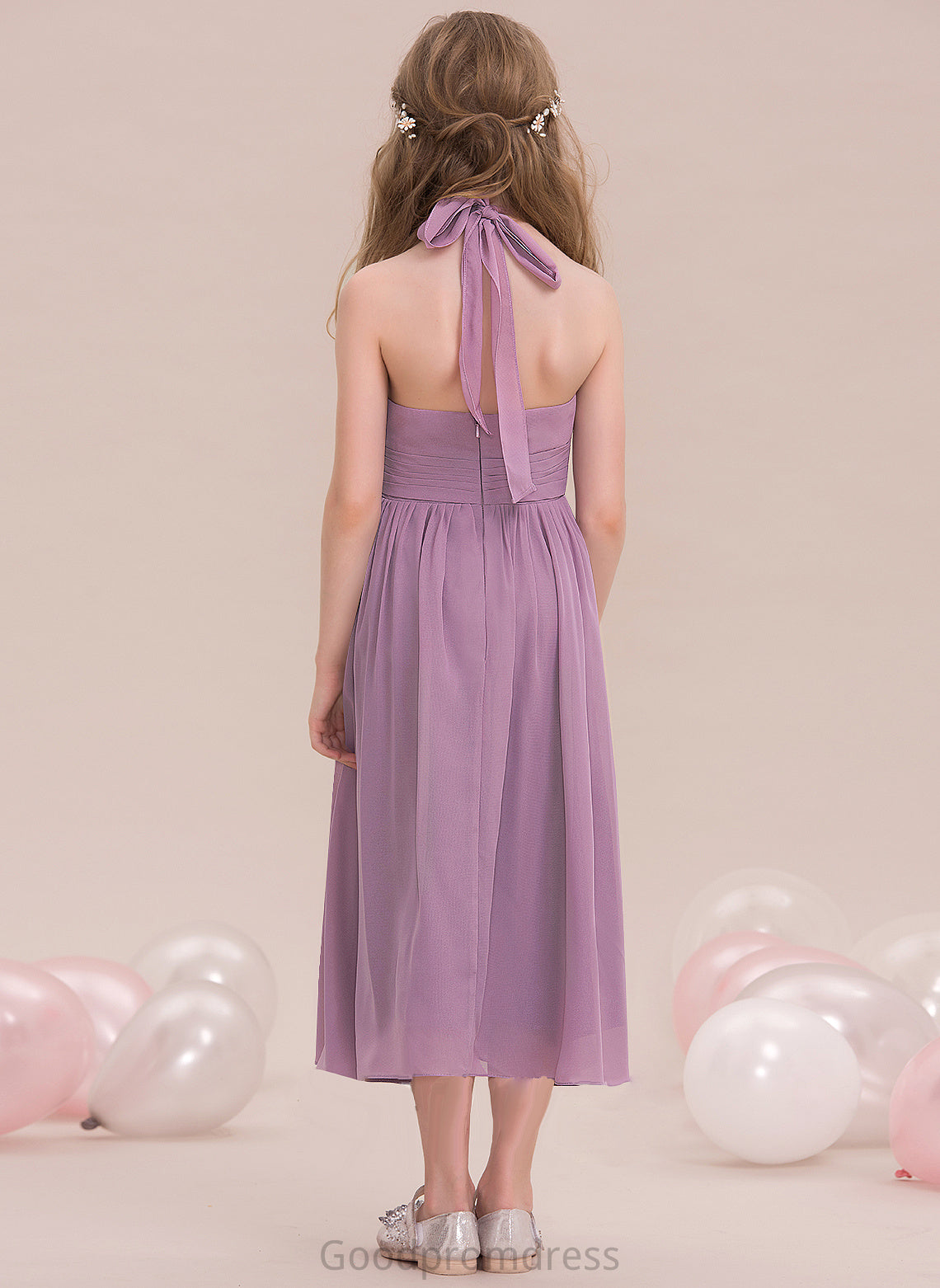 Ruffle A-Line Tea-Length Presley With Halter Chiffon Junior Bridesmaid Dresses